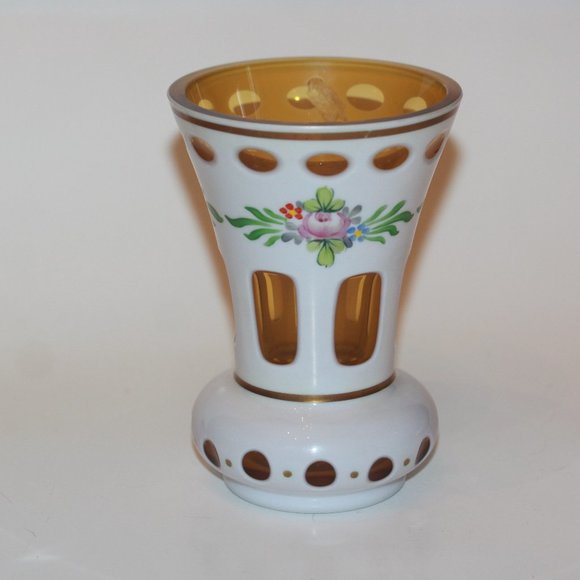 Vintage Bohemian Czech Glass Vase White Cased to Yellow Hand Painted Flowers - Picture 1 of 5